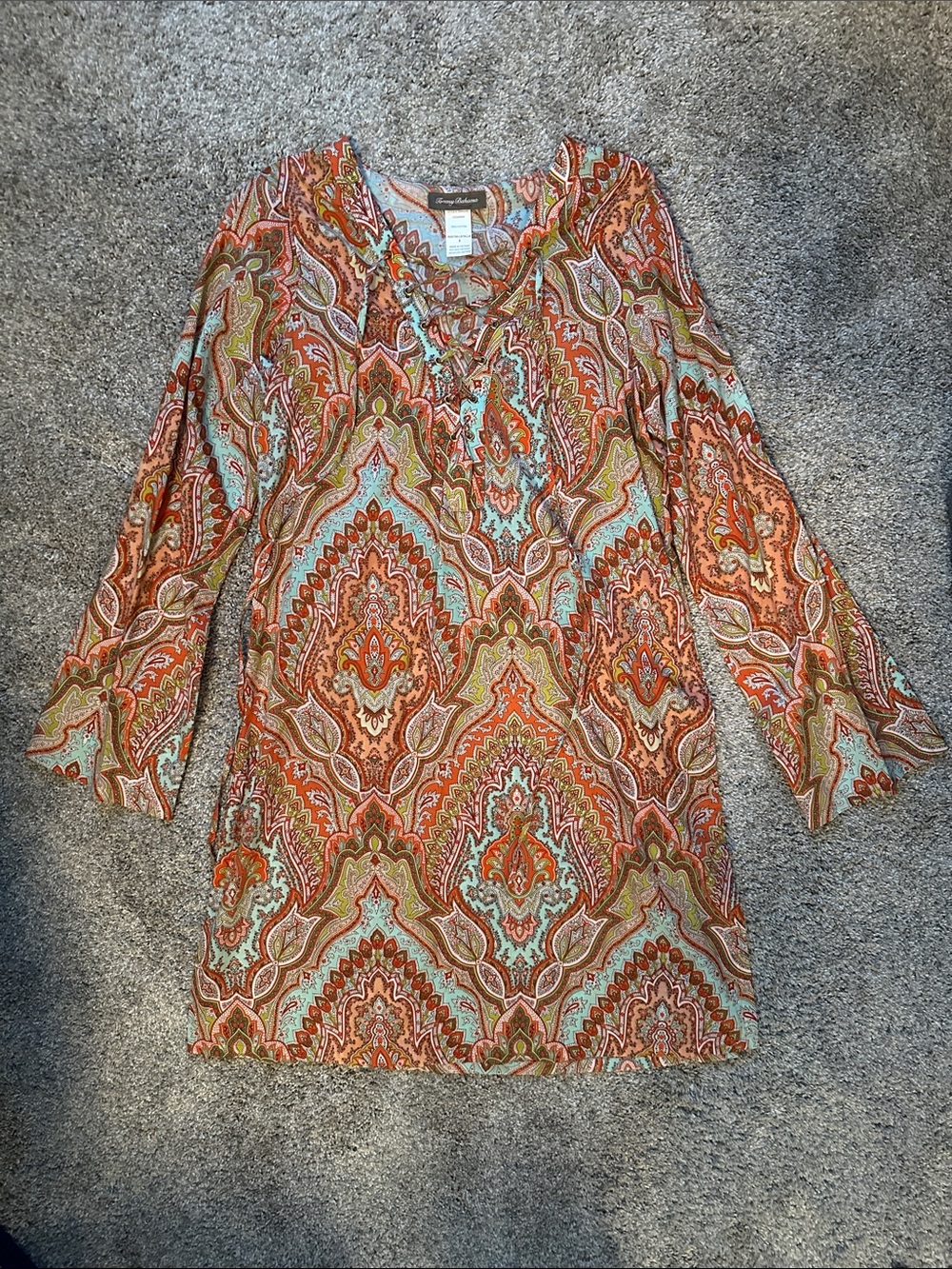 Cotton Orange, Blue & Green Paisley Lace Up Tunic Dress Cover Up Size Small